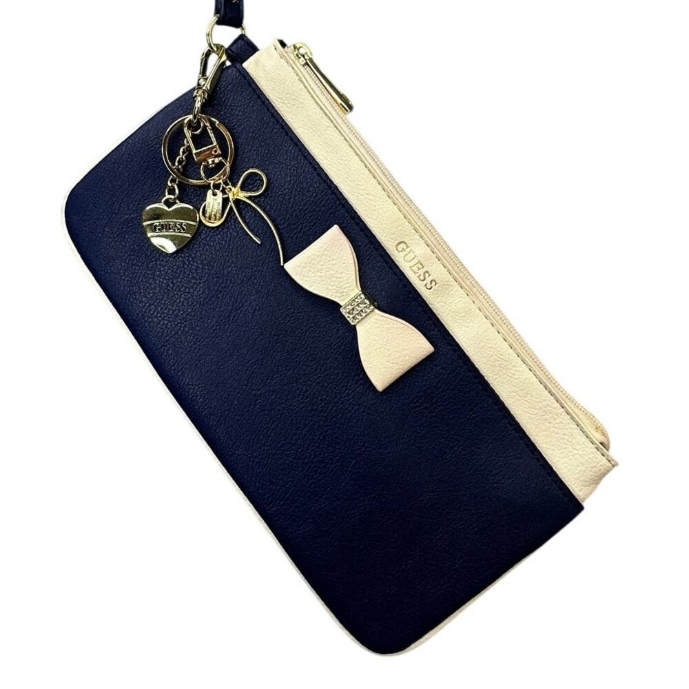 GUESS Navy White Bow Wristlet Clutch Faux Leather